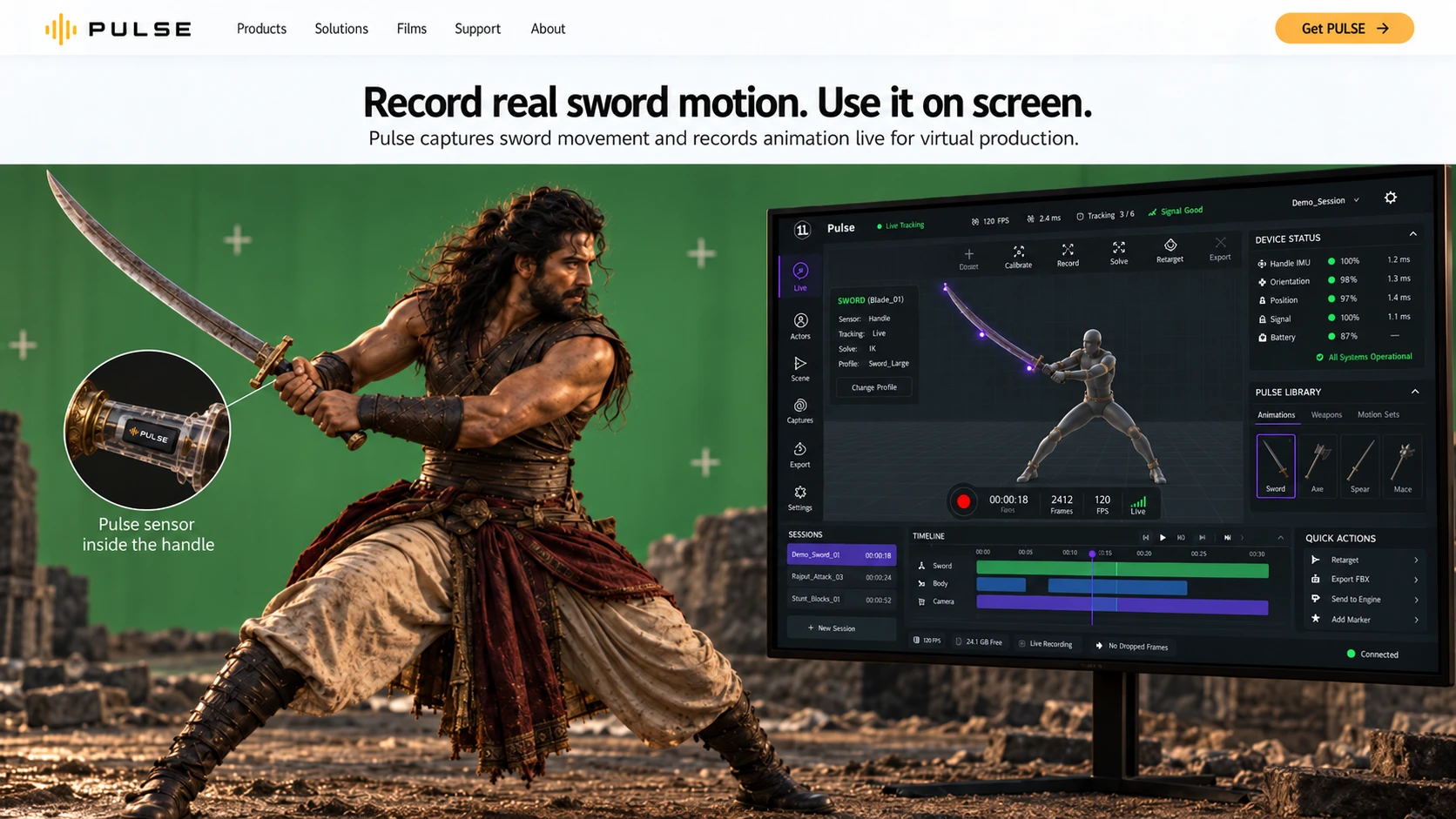 Actor swinging a sword with a Pulse sensor inside the handle
